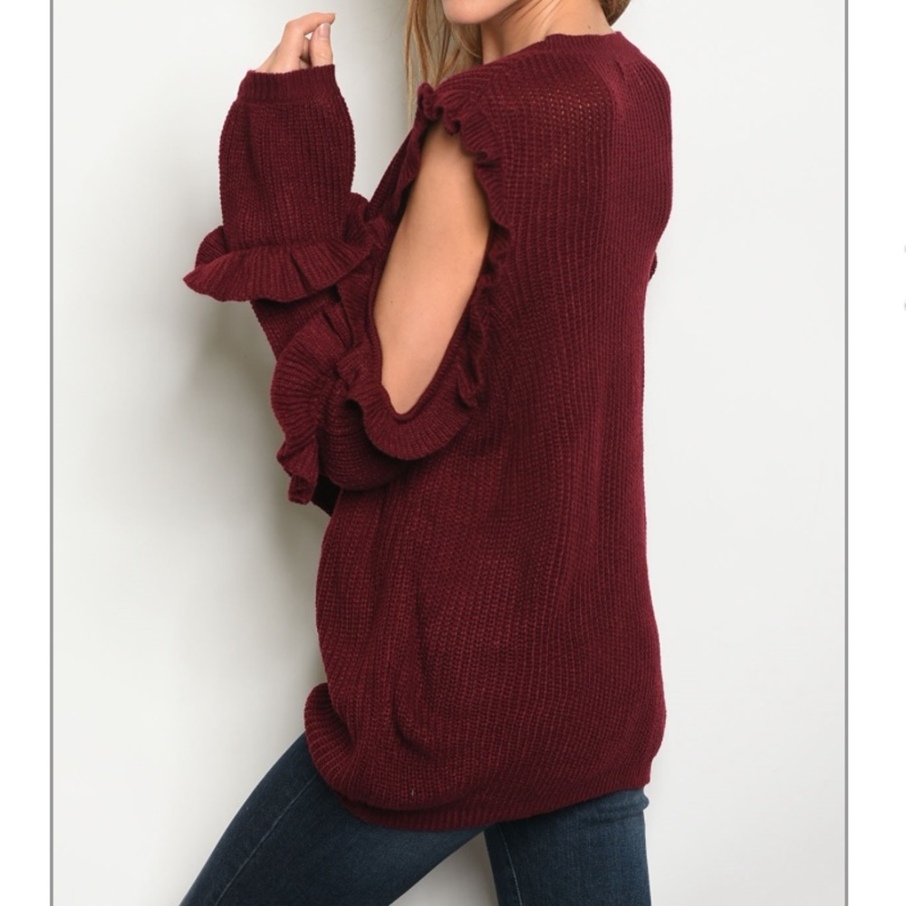 🌟LAST Burgundy Ruffled Cold Shoulder Knit Sweater - Picture 2 of 2